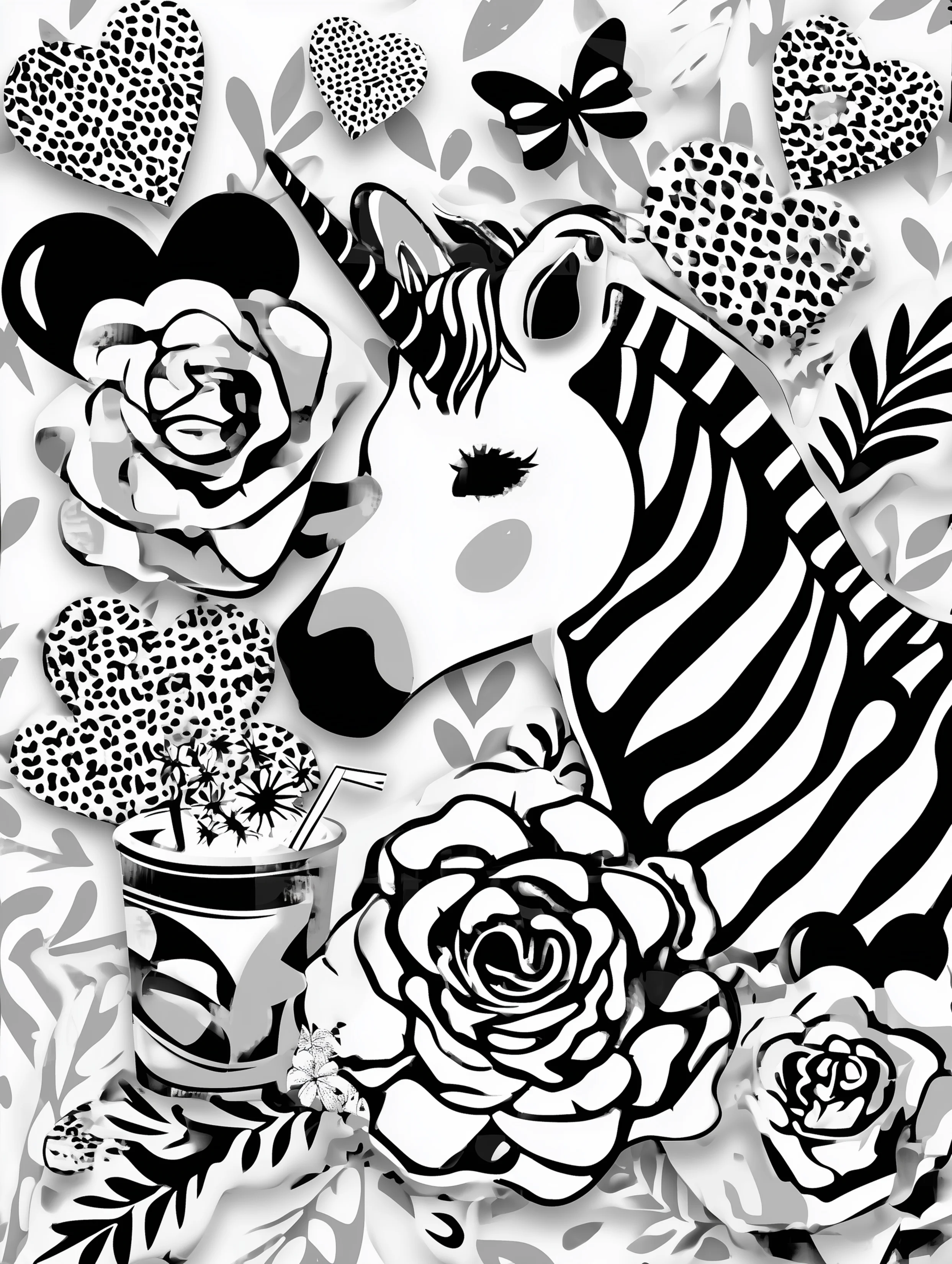 Free printable unicorn coloring page for adults featuring a flower and zebra coloring sheet design